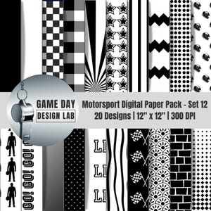 Può includere: Un pacchetto di carta digitale con 20 design in bianco e nero, tra cui stelle, strisce e motivi a scacchi. Il pacchetto include i testi "GAME DAY" e "Motorsport Digital Paper Pack - Set 12". Ogni carta misura 30,48 cm x 30,48 cm.
