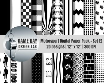 Digitaal papierpakket met F1-thema: zwart-witte autosport-plakboekachtergronden (digitale download)
