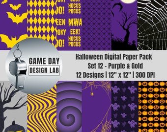 Halloween Digital Paper: Purple & Gold Spooky Designs (PNGs)