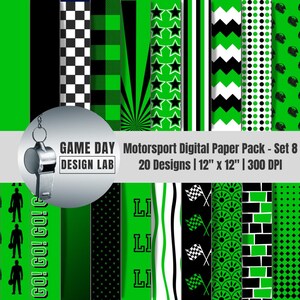 May include: A digital paper pack with a sports theme. The pack includes 20 designs, each 12 inches by 12 inches, featuring patterns in green, black, and white. Designs include stars, stripes, and checkered patterns. The text "GAME DAY" and "Motorsport Digital Paper Pack" are visible.