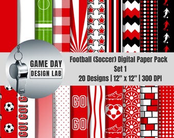Red & White Football Digital Papers | Soccer/Football-Inspired Digital Backgrounds | Scrapbook, Crafts | 12x12in  (Instant Download)