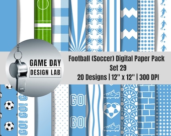 Football Digital Paper Pack: Sky Blue & White Team Colors | 20 Designs |Instant Download