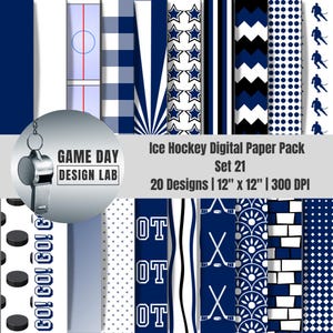 Puede incluir: Paquete de papel digital con temática de hockey sobre hielo. El paquete incluye 20 diseños en tonos azules y blancos, con discos, estrellas y palos de hockey. Se muestra el texto "Ice Hockey Digital Paper Pack Set 21". Cada hoja mide 30,48 cm x 30,48 cm.