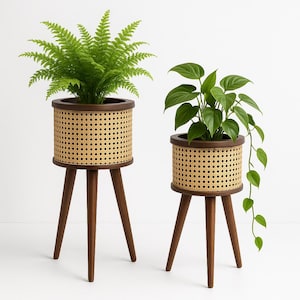 Op de afbeelding: Twee bijpassende plantenstandaards met levende planten. Elke standaard heeft een cilindrische geweven mandplanter met een donkerbruine houten rand en drie schuine poten. Eén standaard bevat een varen, de andere een groene plant.
