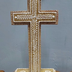 Hand-Painted Wooden Cross Table Decor | Freestanding Religious Accent | Rustic Christian Art | Catholic Gift for Easter or Baptism
