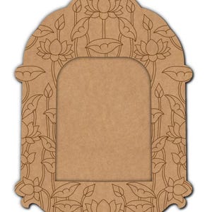 May include: A decorative wooden frame with an arched top and a rectangular opening. The frame is adorned with an intricate floral design featuring lotus flowers and leaves, all in a natural wood tone.