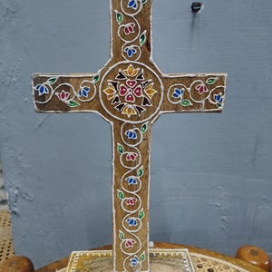 Hand-Painted Wooden Cross Table Decor | Freestanding Christian Cross | Rustic Religious Decor | Easter Gift | Baptism Gift | Catholic Art