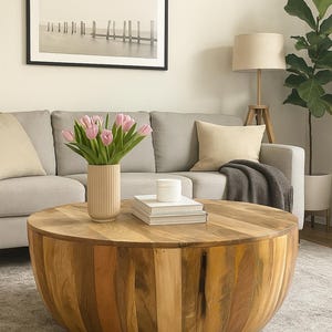 Handcrafted Mango Wood Drum Coffee Table: Rustic Boho Decor