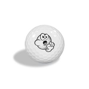 Puede incluir: Una pelota de golf blanca con una cara de dibujos animados, con ojos grandes y una boca abierta, y un gesto con la mano. La pelota de golf tiene una superficie con hoyuelos y una sombra.