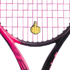 May include: A tennis racket with a black and pink frame and pink strings. A yellow and black middle finger emoji is attached to the strings. The racket is set against a white background.