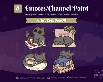 Cute Black Kitty's Cozy Day Off Twitch Emote Set of 4, Adorable Emotes for Discord, Custom Emote Channel Point for Twitch Discord YouTube