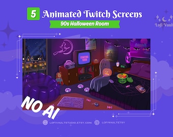 90s Halloween Room Setup Background for Streamers, Starting Screens Overlays Vtubers, Animated Lofi 90’s Halloween Desk for Twitch PNGTubers