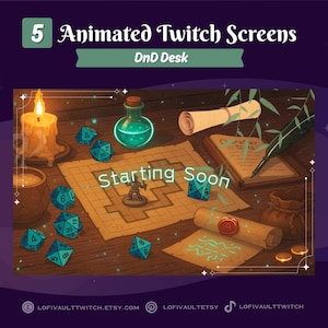 May include: Animated Twitch screens with a Dungeons and Dragons theme. The image features a lit candle, dice, a potion bottle, scrolls, and a map with the text "Starting Soon". The background is a dark purple with stars.