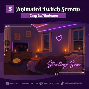 Op de afbeelding: Geanimeerd Twitch-scherm met een gezellige slaapkamer. De kamer is geschilderd in paarse en blauwe tinten, met een bed, een tv met het Netflix-logo en een neonhart. De tekst "Starting Soon" wordt weergegeven in neonroze.