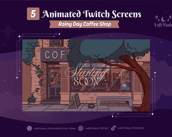 Fall Coffee Shop Twitch Background for Streamers, Autumn Rainy Day Starting Soon Screens Streaming Overlays for Vtubers Pngtubers Youtube