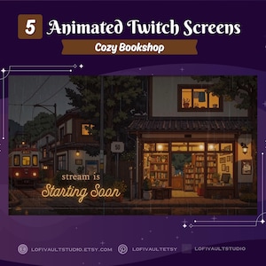 Könnte beinhalten: Animiertes Twitch-Bildschirmdesign mit einer gemütlichen Buchladen-Szene. Das Bild zeigt einen Zug, ein Geschäft mit Bücherregalen und den Text "stream is Starting Soon". Das Design ist vor einem lila Hintergrund.