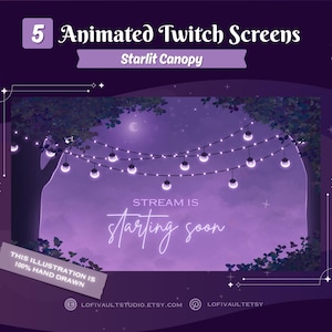 Puede incluir: Pantalla animada de Twitch con un fondo de cielo nocturno púrpura, con una luna creciente y luces de cadena. El texto "Stream is starting soon" se muestra en una escritura elegante. La ilustración está dibujada a mano.