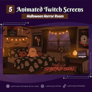Puede incluir: Pantallas animadas de Twitch con el tema Halloween Horror Room. La imagen muestra una escena de dormitorio con una cama, un escritorio y una ventana. La cama tiene un diseño de fantasma y calabaza. El texto "Stream is Starting Soon" es visible.