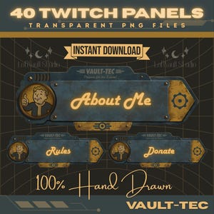 Puede incluir: Un conjunto de 40 paneles digitales para Twitch en un estilo industrial azul y dorado. Los paneles muestran el logotipo de Vault-Tec, el personaje Vault Boy y texto que incluye About Me, Rules y Donate. El diseño incluye 40 TWITCH PANELS, INSTANT DOWNLOAD y 100% Hand Drawn.