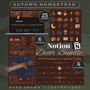 May include: An Autumn Homestead Notion Decor Bundle featuring 25 hand-drawn icons, 6 covers, and 6 dividers. The digital set includes illustrations of pumpkins, candles, leaves, and cosy home elements in warm brown tones, displayed on a laptop screen.