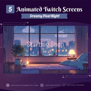 May include: Animated Twitch screen with a pixel art style. The image features a cozy bedroom scene with a window overlooking a rainy cityscape. Text reads "Starting Soon". The overall color palette is purple and blue.