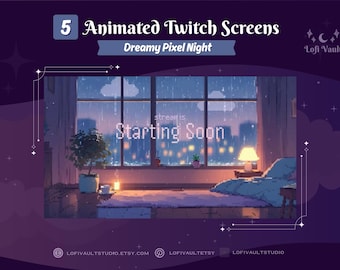 Animated Dreamy Pixel Night for Twitch PNGTubers, Pixelated Gaming Setup Background for Streamers, Starting Screens Overlays for Vtubers