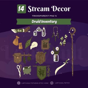 May include: Digital art featuring 14 Stream Decor transparent PNGs, including a staff, sword, potion bottles, and other druid inventory items. The background is a dark purple with white stars and the text "Druid Inventory".