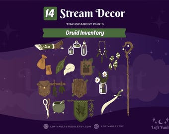 Druid Inventory DnD PNGs for Streamers, Stream Decor Pack for VTubers, D&D Game Dungeon Dragon Desk Twitch PNGTubers, Stream PNG Pack OBS