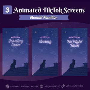 Moonlit Night CatFamiliar Screens for TikTok Lives, Starting Screens Overlays Vtubers, Animated Starting, BRB Ending Screens for TikTok Live