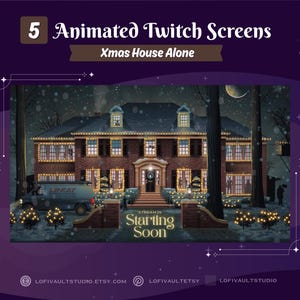 Może przedstawiać: Animowany projekt ekranu Twitch z świąteczną sceną domu bożonarodzeniowego. Obraz zawiera tekst "5 Animated Twitch Screens" i "Xmas House Alone". Dom jest ozdobiony światłami, a tekst "Stream is Starting Soon" jest widoczny.