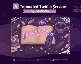 Animated Lofi Witchy Crystals Desk  for Twitch PNGTubers, Cozy Witchcore Gaming Setup Background for Streamers Starting Overlays for Vtubers