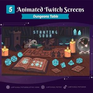 May include: Animated Twitch screen design with a Dungeons & Dragons theme. The image shows a table with a map, dice, candles, and a skull. Text on the screen reads "Starting Soon". The background includes a bookshelf and a castle.
