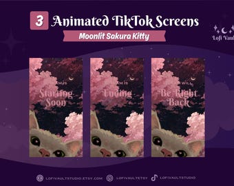 Vertical Moonlit Sakura Kitty for TikTok Lives, Starting Screens Overlays Vtubers, Animated Starting, BRB, Ending Screens for TikTok Stream