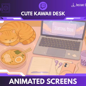 Cute Cozy Kawaii Pastel Desk Animated Stream Backgrounds, Twitch VTuber Overlay Screens Assets, Starting Soon, BRB, Offline, Ending Screens