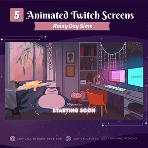 May include: An animated Twitch screen design with a cozy rainy day theme. The image features a room with a window, a desk with two monitors, and a large Snorlax character. Text includes "5 Animated Twitch Screens" and "Rainy Day Sims."