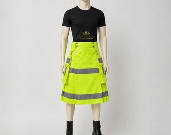 High Visibility Neon Green Working Kilt For Men Reflective Tape Safety Utility Heavy Duty Kilt