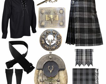 Conjunto de kilt escocés de boda para hombre de 10 piezas con tocado de escenario antiguo. Disponible en más de 50 tartanes de clanes.