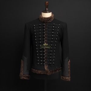 Black Napoleonic Hussar Jacket Military Uniform Jimi Hendrix Style Coat With Fur Trim