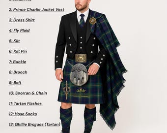 Conjunto completo de kilt Prince Charlie para hombre con estampado de cabeza de ciervo antiguo - Disponible en más de 50 tartanes de clanes.