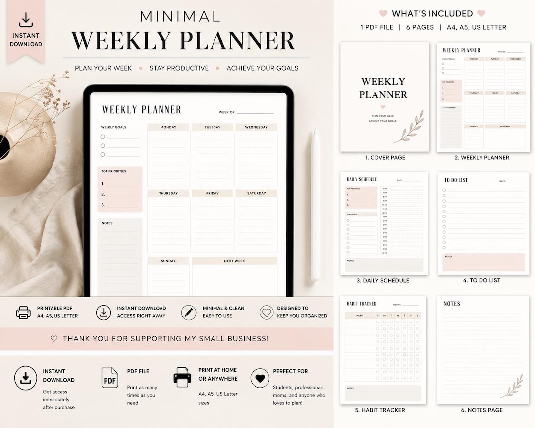 Minimal Weekly Planner Printable PDF | Weekly Organizer | Digital ...