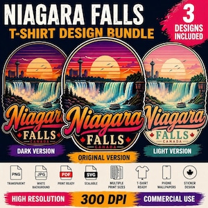 May include: A t-shirt design bundle with three Niagara Falls illustrations. Each design depicts the falls with a sunset, boats, and the text "Niagara Falls Canada". Includes PNG, JPG, PDF, and SVG formats, suitable for printing and commercial use.
