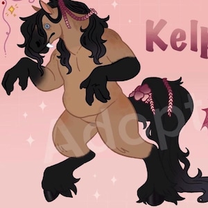 May include: A digital illustration of a horse-like creature with a tan body, black limbs, and a long, flowing black tail. The creature has a pink braided mane and tail accents. The background is a soft pink with star-shaped sparkles.