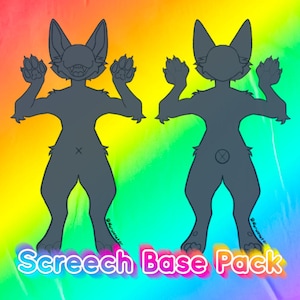Può includere: Un design grigio scuro di Screech Base Pack su uno sfondo sfumato arcobaleno. Il design presenta due creature antropomorfe stilizzate con grandi orecchie, zampe e bocche aperte. Il testo "Screech Base Pack" è a colori in basso.