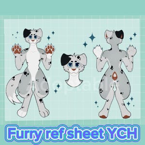 May include: A digital illustration of a furry character reference sheet. The canine character has grey fur, black spots, and a white underbelly. The image includes a full body pose, a headshot, and a back view. Text at the bottom reads "Furry ref sheet YCH."