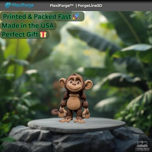 May include: A brown and tan monkey figurine with a smiling expression stands on a stone platform. The text "Printed & Packed Fast", "Made in the USA", and "Perfect Gift" is visible. The background features lush green foliage.