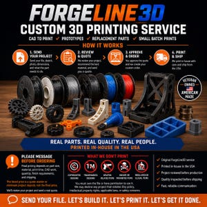 May include: An advertisement for ForgeLine3D custom 3D printing services. The image showcases various 3D-printed parts, spools of filament, and the company's logo. Text highlights services like CAD to print, prototypes, and replacement parts. The tagline is "Real Parts. Real Quality. Real People."