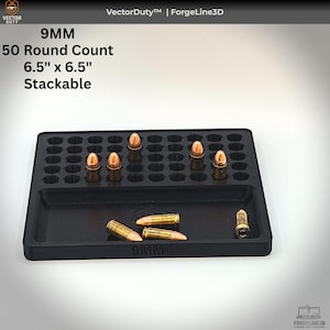 May include: Black 9MM ammunition tray, 6.5" x 6.5", holds 50 rounds. The tray is stackable and features the text "9MM" and "Vector Duty". Several bullets are visible in the tray.
