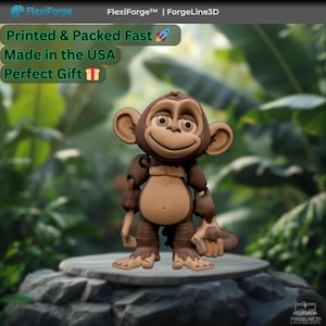 May include: A 3D-printed monkey figurine with a smiling expression, featuring brown and tan colors. The text "Printed & Packed Fast", "Made in the USA", and "Perfect Gift" is visible in the image.