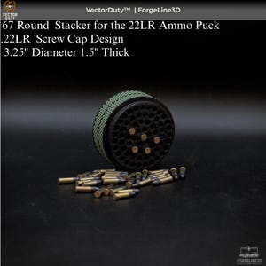 May include: A black and green 67 Round Stacker for .22LR Ammo Puck with a screw cap design. The diameter is 3.25 inches and 1.5 inches thick. The image also shows .22LR ammunition.