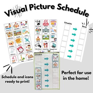 May include: A visual picture schedule with icons for various activities like circle time, lunch, and bedtime. The image includes a schedule template and the text "Schedule and icons ready to print!" and "Perfect for use in the home!"